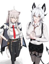 2girls absurdres alice_(dkfl_tm09too) animal_ear_fluff arm_pouch armband black_armband black_gloves black_horns black_jacket black_nails black_pants black_pantyhose black_pouch black_shorts black_tail breasts chest_harness collared_shirt commentary cosplay costume_switch crossover curled_horns demon_tail earrings english_commentary gloves grey_eyes grey_hair hair_between_eyes hand_on_own_hip harness highres hololive horns jacket jacket_on_shoulders jewelry key_earrings large_breasts lion_girl lion_tail long_hair looking_at_viewer multiple_girls nail_polish necktie pants pantyhose pantyhose_under_shorts parted_lips red_eyes red_necktie shirt shirt_tucked_in shishiro_botan shorts simple_background smile tail white_background white_hair white_shirt wuthering_waves zani_(wuthering_waves)