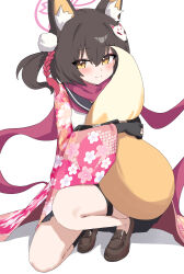 1girl absurdres animal_ear_fluff animal_ears black_gloves black_sailor_collar blue_archive blush brown_hair closed_mouth colored_inner_animal_ears commentary_request d_(delt4) floral_print floral_print_kimono fox_ears fox_girl fox_hair_ornament fox_tail gloves hair_between_eyes hair_ornament halo highres hugging_own_tail hugging_tail izuna_(blue_archive) japanese_clothes kimono loafers looking_at_viewer on_one_knee one_side_up partially_fingerless_gloves pink_halo pink_kimono pink_scarf pom_pom_(clothes) pom_pom_hair_ornament print_kimono rope sailor_collar scarf shimenawa shirt shoes short_hair simple_background smile solo tail thigh_strap white_background white_shirt yellow_eyes