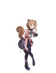 1girl :d absurdres amagai_tarou animal_ear_fluff animal_ears arm_on_knee ayunda_risu black_boots black_skirt boots brown_hair center_frills collared_shirt commentary cropped_shirt detached_sleeves ekao english_commentary frills full_body green_eyes hair_over_shoulder hand_up highres hololive hololive_idol_uniform_(color_rise) hololive_indonesia idol_clothes lace-up_boots leaning_forward long_hair looking_at_viewer low_twintails midriff multicolored_hair official_alternate_costume official_art open_mouth pink_shirt platform_boots platform_footwear puffy_detached_sleeves puffy_short_sleeves puffy_sleeves second-party_source shirt short_sleeves simple_background single_detached_sleeve single_sleeve skirt smile solo squirrel_ears squirrel_girl squirrel_tail standing streaked_hair tail teeth thighhighs twintails upper_teeth_only virtual_youtuber white_background white_hair white_shirt