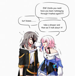 2girls absurdres archery_shooting_glove arms_at_sides black_choker black_corset black_gloves black_jacket blue_jacket blue_skirt bug buttons camera choker closed_eyes commentary corset cowboy_shot dress_shirt english_commentary english_text fly gloves grey_hair hair_between_eyes hand_on_another&#039;s_face highres honkai:_star_rail honkai_(series) insect jacket long_hair long_sleeves march_7th_(honkai:_star_rail) march_7th_(preservation)_(honkai:_star_rail) medium_hair multiple_girls off_shoulder open_clothes open_jacket open_mouth partially_fingerless_gloves pink_hair pleated_skirt rejected_kiss rissuuu shirt sidelocks simple_background skirt speech_bubble standing stelle_(honkai:_star_rail) tied_jacket trailblazer_(honkai:_star_rail) twitter_username watermark white_background white_shirt