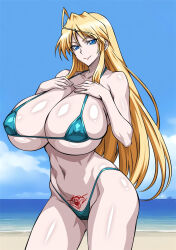 1girl aged_up beach bikini blonde_hair blue_eyes blue_sky breasts cloud cloudy_sky day high_school_dxd highres large_breasts long_hair looking_at_viewer mittelt ocean outdoors pubic_tattoo sky smile solo stomach_tattoo swimsuit tattoo thighhighs very_long_hair yxyyxy