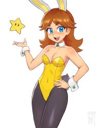 1girl :d absurdres animal_ears artist_logo artist_name bare_arms bare_shoulders black_pantyhose blue_eyes blush breasts brown_hair commentary covered_navel cowboy_shot detached_collar english_commentary flipped_hair hand_on_own_hip hand_up highres leotard logo long_hair looking_at_viewer mario_(series) medium_breasts nintendo open_mouth pantyhose parted_bangs playboy_bunny princess_daisy rabbit_ears rabbit_tail simple_background smile solo star_(symbol) strapless strapless_leotard tail watcher_hollow white_background wrist_cuffs yellow_leotard