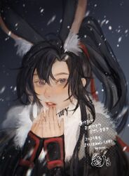 1boy ahoge animal_ear_fluff animal_ears artist_name bishounen black_hair black_hanfu blush chinese_clothes doodle_inset eyelashes fur_collar grey_eyes hair_ribbon hands_up hanfu highres kemonomimi_mode long_hair long_sleeves looking_at_viewer male_focus modao_zushi ojisan_rbt parted_lips ponytail rabbit_boy rabbit_ears red_ribbon ribbon scarf sidelocks snow snowing solo teeth twitter_username upper_body watermark wei_wuxian winter_clothes