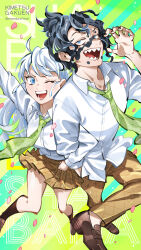 Rule 34 | 1boy, 1girl, :d, ahoge, black hair, black socks, blue eyes, brother and sister, brown pants, brown skirt, collared shirt, daki (kimetsu no yaiba), green necktie, gyuutarou (kimetsu no yaiba), highres, kimetsu gakuen, kimetsu no yaiba, loafers, long sleeves, looking at viewer, mihashi (re4 glo), necktie, open mouth, pants, petals, pleated skirt, school uniform, sharp teeth, shirt, shoes, siblings, skirt, smile, socks, teeth, white hair, white shirt