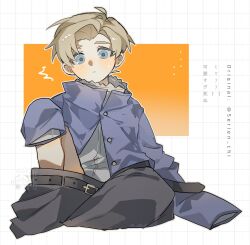 1boy age_regression aged_down belt black_belt black_pants blonde_hair blue_eyes blue_jacket blush buttons chi.:_chikyuu_no_undou_ni_tsuite child closed_mouth clothes_pull grid_background highres jacket long_sleeves looking_at_viewer male_focus pants pants_pull parted_bangs rafal_(chi.) shirt short_hair sitting sleeves_past_fingers sleeves_past_wrists solo sweatdrop swept_bangs toramledak twitter_username white_shirt