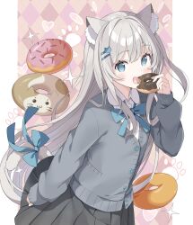 Rule 34 | 1girl, :d, animal ear fluff, animal ears, argyle background, black skirt, blue bow, blue eyes, blush, bow, cardigan, cat ears, cat girl, cat hair ornament, cat tail, collared shirt, commentary, donut, food, grey cardigan, grey hair, hair ornament, hairclip, hand up, heart, highres, holding, holding food, long hair, long sleeves, looking at viewer, open mouth, original, pleated skirt, puffy long sleeves, puffy sleeves, shirt, skirt, sleeves past wrists, smile, solo, symbol-only commentary, tail, tail bow, tail ornament, tantan men (dragon), very long hair, white shirt