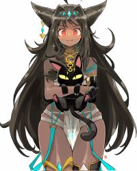 Rule 34 | 1girl, 1other, ancient egyptian clothes, andrewcockroach, animal, animal ears, animal hands, blue gemstone, blush stickers, brown hair, cat, cat ears, cat girl, cat paws, claws, collar, commentary, commission, corrupted twitter file, dark skin, earrings, english commentary, fang, gem, highres, holding, holding animal, holding cat, jewelry, long hair, original, red eyes, signature, single earring, sparkle, tiara, very long hair