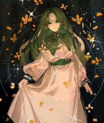 1girl brooch chinese_commentary closed_mouth collared_dress colored_bangs commentary_request contrast_collar dress earrings gem green_eyes green_gemstone green_hair green_sash hair_intakes heibaihuabing highres jewelry long_sleeves multicolored_hair original pointy_ears puffy_long_sleeves puffy_sleeves puritan_collar sash skirt_hold smile solo two-tone_hair white_dress white_hair