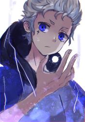1boy blue_eyes blue_hair blue_sweater closed_mouth hand_up khun_ran looking_to_the_side male_focus medium_hair messy_hair serious simple_background solo sweater tower_of_god white_background
