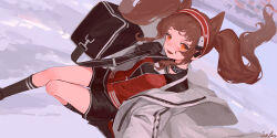 Rule 34 | 1girl, 1solis000, :d, absurdres, angelina (arknights), animal ears, arknights, bag, black bag, black collar, black gloves, black shorts, black socks, blush, breasts, brown hair, coat, collar, dot nose, earpiece, extra ears, floating, floating hair, foot out of frame, fox ears, fox girl, gloves, hairband, high up, highres, holding, holding bag, infection monitor (arknights), jacket, kneehighs, long sleeves, looking at viewer, messenger bag, off shoulder, open clothes, open coat, open mouth, partially unzipped, red hairband, red jacket, red shirt, shirt, short shorts, shorts, shoulder bag, signature, small breasts, smile, socks, solo, striped clothes, striped hairband, twintails, two-tone hairband, white coat, yellow eyes, zipper pull tab
