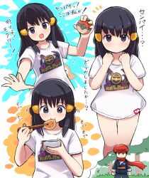 1boy 1girl akari_(pokemon) black_hair blush bottomless bowl chopsticks commentary_request eating eyelashes food grey_eyes grey_jacket grey_pants hair_ornament hairclip hat highres hisuian_poke_ball holding holding_bowl holding_chopsticks holding_poke_ball jacket kutabireta_neko long_hair nintendo notice_lines pants poke_ball pokemon pokemon_legends:_arceus red_headwear red_scarf rei_(pokemon) scarf shirt short_hair sidelocks speech_bubble t-shirt thought_bubble translation_request white_shirt