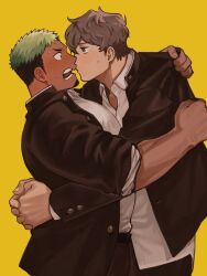 2boys bara black_hair blush couple dark-skinned_male dark_skin facial_hair from_side gakuran goatee green_hair highres ikusaba_daisuke imminent_kiss large_pectorals male_focus multicolored_hair multiple_boys muscular muscular_male pectorals profile protagonist_4_(housamo) school_uniform short_hair shy tokyo_houkago_summoners two-tone_hair veins veiny_arms wanijima wavy_mouth yaoi