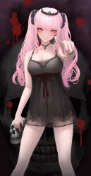1girl bare_shoulders black_choker black_nightgown black_scrunchie black_tiara blood blush breasts choker closed_mouth collarbone commentary english_commentary hair_ornament hair_scrunchie holding holding_skull hololive hololive_english large_breasts long_hair looking_at_viewer mori_calliope mori_calliope_(sleepwear) nightgown okoge_lab pink_eyes pink_hair pointing pointing_at_viewer scrunchie skull skull_choker skull_print solo thighs tiara twintails virtual_youtuber