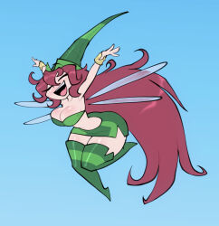 1girl ass betilla_(rayman) bigdad blue_background boots bracer breasts cleavage closed_eyes curvy fairy fairy_wings full_body green_boots green_hat hair_between_eyes hat large_breasts leg_up long_hair open_mouth outstretched_arms pink_hair rayman_(series) rayman_origins simple_background solo teeth thick_thighs thigh_boots thighs upper_teeth_only very_long_hair wings