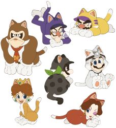 2girls 5boys ape brown_hair cat_daisy cat_luigi cat_mario donkey_kong donkey_kong_(series) dr._mario dr._mario_(game) earrings facial_hair gloves highres jewelry luigi male_focus mario mario_(series) mimimi_(mimimim9999) mr._l multiple_boys multiple_girls mustache nintendo official_alternate_costume open_mouth paper_mario pauline_(mario) shirt short_hair super_mario_3d_world super_paper_mario waluigi wario