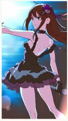 1girl absurdres black_bow black_choker black_dress black_hair bloom_into_me15 border bow brown_hair choker dress earrings floating_hair flower frilled_choker frills from_behind green_eyes hair_bow hair_flower hair_ornament highres holding holding_microphone idolmaster idolmaster_cinderella_girls jewelry long_hair looking_to_the_side microphone outstretched_arm parted_lips purple_flower shibuya_rin shoulder_blades sleeveless sleeveless_dress solo standing stud_earrings sweat white_border