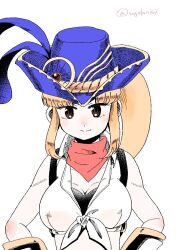 Rule 34 | 1girl, bandana, blacksmith (ragnarok online), blonde hair, blue hat, blush, breasts, brown eyes, cleavage, closed mouth, commentary request, crop top, hat, large breasts, long hair, looking at viewer, plume, ragnarok masters, ragnarok online, red bandana, shirt, sidelocks, simple background, sleeveless, sleeveless shirt, smile, solo, sugata ubo, tied shirt, tricorne, upper body, white background, white shirt