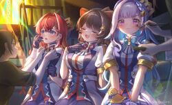5girls @_@ adjusting_another&#039;s_clothes ange_katrina animal_ears animal_hair_ornament applying_another&#039;s_makeup applying_makeup backstage beret bird bird_on_hand black_shirt blue_eyes blue_gloves blue_hair blue_hat blue_ribbon blue_shorts blue_skirt blunt_bangs blush braid breasts brown_hair chair closed_eyes closed_mouth collared_jacket colored_inner_hair crossed_bangs crown_hat_ornament dog_ears eyelashes fangs flower gloves hair_behind_ear hair_flower hair_intakes hair_ornament half_gloves hand_on_own_chest hand_up hands_on_lap hat holding holding_brush holding_makeup_brush idol_clothes indoors inui_toko jacket lapels light_particles light_rays lize_helesta long_hair makeup makeup_brush medium_breasts medium_hair monocle multicolored_hair multiple_girls neck_ribbon nijisanji open_mouth out_of_frame purple_eyes purple_ribbon red_hair red_ribbon ribbon sanbaka_(nijisanji) sanbaka_anniversary_outfit sebastian_piyodore shiroromi shirt short_sleeves shorts sidelocks single_hair_intake single_wrist_cuff sitting skirt small_breasts streaked_hair sweatdrop tassel triangle_hair_ornament twitter_username two-tone_hair very_long_hair virtual_youtuber watermark white_hair white_jacket white_wrist_cuffs wrist_cuffs wrist_ribbon yellow_bird