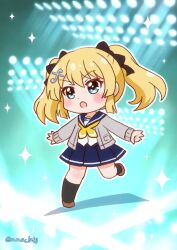 1girl battle_girl_high_school black_ribbon black_socks blonde_hair blue_eyes blush brown_shoes eyelashes full_body grey_jacket hair_ornament highres jacket kougami_kanon long_hair long_sleeves nna_btg open_mouth pleated_skirt ribbon sailor_collar school_uniform serafuku shirt shoes skirt socks solo stage_lights twintails white_shirt