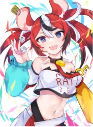 1girl :d absurdres animal_ears bare_shoulders black_hair blue_eyes collar commentary_request detached_sleeves dice hakos_baelz hakos_baelz_(1st_costume) highres hirasawa_izumi hololive hololive_english long_hair looking_at_viewer mouse_ears mouse_girl multicolored_hair navel open_mouth red_hair smile solo spiked_collar spikes stomach strapless streaked_hair twintails upper_body virtual_youtuber white_background white_hair