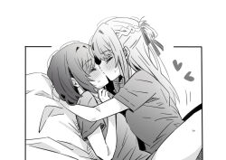 2girls between_legs blush closed_eyes commentary greyscale half_updo heart hug kiss long_hair lwmina70119 miyagi_shiori monochrome multiple_girls sendai_hazuki shirt short_hair short_sleeves shuuniichido_classmate_wo_kau_hanashi sidelocks sweatdrop t-shirt yuri