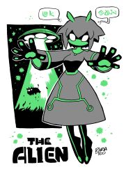 1girl abduction absurdres alien breasts character_name colored_skin dress flying_saucer green_skin green_trim grey_dress highres limited_palette looking_at_viewer no_mouth no_pupils original rariatto_(ganguri) short_hair solo spacecraft speech_bubble the_alien_(rariatto) tractor_beam ufo