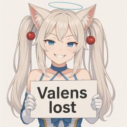 1girl animal_ears blue_dress blue_eyes dress elbow_gloves fox_ears fox_girl gloves indie_virtual_youtuber kirsche_verstahl meme sign smug virtual_youtuber white_gloves white_hair