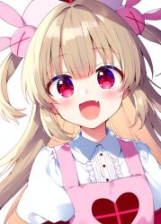 Rule 34 | 1girl, apron, blush, brown hair, commentary request, fang, hair ornament, hat, heart, heart print, kuronekoron, long hair, looking at viewer, natori sana, natori sana (nurse), nurse cap, open mouth, pink apron, rabbit hair ornament, red eyes, sana channel, shirt, skin fang, solo, two side up, upper body, virtual youtuber, white background, white shirt