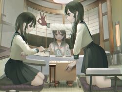 3girls black_eyes black_hair black_sailor_collar black_skirt board_game closed_mouth cushion fisheye flick forehead_flick from_side highres indoors kneeling leaning_forward long_hair long_sleeves looking_at_another multiple_girls ok_sign original outstretched_arm pleated_skirt profile sailor_collar school_uniform serafuku shirt shogi sitting skirt sliding_doors table test_norma1 white_shirt window zabuton