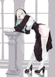 1girl armpits black_dress black_shoes blush breasts closed_mouth dress firefly_(honkai:_star_rail) frilled_dress frills gradient_eyes gradient_hair green_pupils grey_hair hair_between_eyes hair_intakes high_heels highres honkai:_star_rail honkai_(series) large_breasts leaning_to_the_side long_sleeves multicolored_eyes multicolored_hair nun pedestal shoes solo tapioca_1022 thighhighs white_thighhighs window