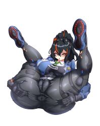 1girl absurdres anus ass black_gloves black_hair black_pants black_shirt blue_jacket blue_shoes breasts cameltoe covered_erect_nipples eyebrows eyelashes female_focus full_body gloves grabbing_own_ass green_necktie highres jacket large_breasts legs_up long_hair long_sleeves looking_at_viewer lying mihoyo miyako.noh multicolored_hair necktie on_back open_clothes open_jacket open_mouth pants ponytail red_hair serious shaded_face shirt shoes simple_background sneakers solo spread_anus spread_anus_under_clothes streaked_hair thick_thighs thighs two-tone_hair variant_set white_background yellow_eyes zenless_zone_zero zhu_yuan