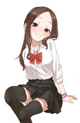 1girl black_skirt black_thighhighs bow breasts brown_eyes brown_hair collarbone collared_shirt dress_shirt feet_out_of_frame forehead highres karakai_jouzu_no_takagi-san long_hair long_sleeves looking_at_viewer note2000 parted_bangs pleated_skirt red_bow school_uniform shirt simple_background skirt small_breasts smile solo takagi-san thighhighs white_background white_shirt
