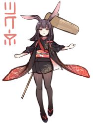 1girl animal_ears black_hair black_kimono black_pantyhose blunt_bangs brown_eyes character_name commentary female_focus full_body geta hammer hime_cut japanese_clothes kimono kimono_skirt kine looking_at_viewer mallet obi open_mouth original pantyhose rabbit_ears ryuusei_(ryuuseiseikou) sandals sash sidelocks simple_background solo standing tsukune_(ryuusei) tsukune_(yagi) white_background yagi_(ningen)