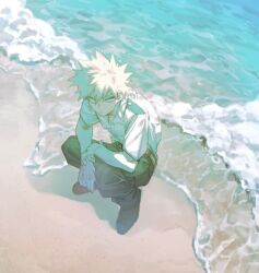 1boy arm_on_own_leg arm_rest backlighting bakugou_katsuki beach belt between_legs black_pants black_shoes boku_no_hero_academia closed_mouth day from_above full_body hand_between_legs highres looking_to_the_side male_focus outdoors pants sanpaku setubigo shirt shoes shore short_hair short_sleeves sideways_glance solo spiked_hair squatting v-shaped_eyes white_shirt