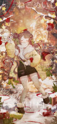 1girl ^_^ absurdres bag bare_tree beret black_boots black_skirt boots boqing_xiao_guafu bow brown_hair cellphone cherry_hair_ornament chinese_commentary christmas christmas_stocking closed_eyes coat commentary_request commission dated double_bun food-themed_hair_ornament footwear_ribbon full_body fur-trimmed_boots fur-trimmed_coat fur_trim gift green_bow grey_thighhighs hair_bow hair_bun hair_ornament happy hat highres holding holding_phone light_blush long_hair long_sleeves miniskirt night night_sky open_clothes open_coat open_mouth original outdoors pencil_skirt phone puffy_long_sleeves puffy_sleeves red_ribbon ribbon sample_watermark shopping_bag skirt sky smartphone smile snow snowing solo standing string_of_flags sweater swept_bangs thighhighs too_many_watermarks tree turtleneck turtleneck_sweater very_long_hair watermark wavy_hair white_sweater yellow_coat yellow_hat