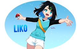 Rule 34 | 1girl, :d, absurdres, black hair, black shirt, blue eyes, blue hair, blue hoodie, character name, colored inner hair, hair ornament, hairclip, highres, holding, holding poke ball, hood, hoodie, liko (pokemon), looking at viewer, multicolored hair, nintendo, open mouth, outline, poke ball, poke ball (basic), pokemon, pokemon (anime), pokemon horizons, shirt, short hair, shorts, signature, sleeveless, sleeveless hoodie, smile, solo, su1zide, two-tone hair, white outline, white shorts