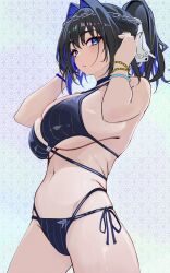 1girl absurdres adjusting_hair alternate_costume bare_arms bare_shoulders bikini black_hair blue_bikini blue_eyes blue_hair breasts commentary cowboy_shot from_side gurei_(streaper42846) hair_intakes hands_up high_ponytail highres hololive hololive_english large_breasts looking_at_viewer medium_hair multi-strapped_bikini_bottom multicolored_hair navel ouro_kronii ponytail side-tie_bikini_bottom sideboob solo stomach swimsuit thighs two-tone_hair underboob virtual_youtuber