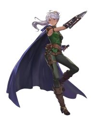 Rule 34 | 1girl, armor, artist request, belt, belt pouch, black belt, black gloves, blue cloak, boots, brown boots, cloak, dagger, dark-skinned female, dark skin, dynamic pose, fighting stance, fingerless gloves, frown, game cg, gloves, goddess order, green pants, green shirt, high heels, high ponytail, highres, holding, holding dagger, holding knife, holding weapon, jamadhar, knife, looking at viewer, looking down, multiple belts, non-web source, o-ring, o-ring belt, official art, pants, pauldrons, ponytail, pouch, purple eyes, sheath, sheathed, shirt, short hair, shoulder armor, sibylla raven, simple background, single pauldron, sleeveless, sleeveless turtleneck, standing, standing on one leg, tachi-e, thigh sheath, transparent background, turtleneck, weapon, white hair