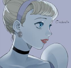 1girl animification ball_gown blonde_hair blue_dress blue_eyes choker cinderella_(disney_character) cinderella_(disney_movie) company_connection dress earrings hair_bun hairband jewelry looking_at_viewer pano_(mohayayamai) princess princess_dress short_hair smile solo
