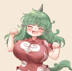 1girl :d ^_^ arinu blush breasts closed_eyes collared_shirt curly_hair facing_viewer fang green_hair hands_up highres horns huge_breasts impossible_clothes impossible_shirt komainu_ears komainu_girl komano_aunn long_hair open_mouth red_shirt shirt short_sleeves simple_background single_horn skin_fang smile solo touhou upper_body