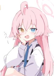 Rule 34 | 1girl, :d, ahoge, blue archive, blue eyes, blue necktie, blush, fang, hair between eyes, halo, heterochromia, hoshino (blue archive), huge ahoge, long hair, necktie, open mouth, pink hair, pink halo, shirt, simple background, skin fang, smile, solo, upper body, white background, white shirt, yellow eyes, youbi (0ver sd)