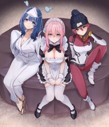 3girls absurdres alternate_costume amate_yuzuriha apron beanie black_bow black_bowtie black_dress blue_eyes blue_hair bocchi_the_rock! bodysuit bow bowtie breasts cleavage commentary_request crossover cube_hair_ornament dress enmaided frilled_dress frills from_above ghost_costume gotoh_hitori green_eyes gundam gundam_gquuuuuux hair_between_eyes hair_ornament hat highres japanese_clothes kimono knee_up knees_together_feet_apart large_breasts maid maid_apron maid_headdress make_heroine_ga_oo_sugiru! mecha_pilot_suit medium_hair multiple_girls one_side_up pensis_x pink_hair puffy_short_sleeves puffy_sleeves red_hair sandals short_sleeves sitting thighhighs triangular_headpiece white_kimono white_thighhighs white_wrist_cuffs wide_sleeves wrist_cuffs yanami_anna zouri