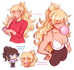 2girls aurora_(aurawra21) black_hair blonde_hair blue_eyes breasts brown_pants chewing_gum chibi class_of_09 cleavage closed_eyes english_text hair_bun heart heart_necklace highres jecka_(class_of_09) jewelry long_hair long_sleeves multiple_girls necklace nicole_(class_of_09) pants ponytail purple_footwear purple_shirt red_shirt shirt tan twitter_username white_shirt yellow_eyes yuri