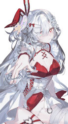 1girl absurdres animal_ears bandaged_arm bandaged_leg bandages bow breasts bright_pupils butterfly_hair_ornament cleavage clock_hair_ornament closed_mouth commission corset_piercing covered_navel cross-laced_clothes dress eyelashes eyes_visible_through_hair fake_animal_ears fingernails flower frills gloves grey_bow grey_hair hair_between_eyes hair_flower hair_ornament hairclip heart heart_o-ring heterochromia highres holding holding_scissors iridescent iwai_ku_tsuki leotard long_fingernails long_hair looking_at_viewer multicolored_eyes o-ring o-ring_thigh_strap original rabbit_ears rainbow_eyes red_bow red_eyes red_gloves red_leotard scissors simple_background skeb_commission solo symbol-shaped_pupils thigh_strap white_background white_bow white_flower white_hair white_pupils