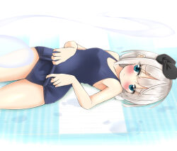 1girl blue_eyes blue_one-piece_swimsuit blush clothes_pull embarrassed hitodama konpaku_youmu konpaku_youmu_(ghost) looking_at_viewer lying old_school_swimsuit on_back one-piece_swimsuit one-piece_swimsuit_pull pulling_own_clothes ribbon school_swimsuit school_swimsuit_flap shishiky short_hair solo swimsuit thighs touhou white_hair