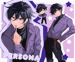1boy absurdres alternate_costume black_hair black_pants casual chibi fsmaichobpeg0 grin highres lipstick makeup male_focus multiple_views one_eye_closed pants persona persona_1 purple_eyes purple_shirt shirt short_hair smile solo teeth toudou_naoya