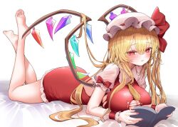 1girl alternate_breast_size ass barefoot blonde_hair blush book breasts cleavage crystal_wings flandre_scarlet full_body hat heart heart-shaped_pupils holding holding_book large_breasts long_hair lying mikan_(manmarumikan) mob_cap on_stomach red_eyes red_nails red_shirt red_skirt shirt simple_background skirt solo sweat symbol-shaped_pupils touhou white_background white_hat