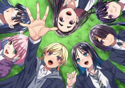 6+girls black_hair black_jacket black_necktie black_sweater_vest blazer blonde_hair blue_eyes blue_hair choppy_bangs circle_formation closed_mouth collared_shirt colored_inner_hair commentary_request diagonal-striped_clothes diagonal-striped_necktie green_eyes grey_hoodie hair_ornament hongou_miyuki hood hoodie jacket kitahara_aoba kusunoki_aroma long_hair lying multicolored_hair multiple_girls necktie on_back on_grass open_mouth outstretched_arm pink_hair purple_eyes purple_hair purple_jacket reaching reaching_towards_viewer red_eyes red_hair sawaranaide_kotesashi-kun sayamagaoka_chiyo school_uniform shinjou_takuya shirt short_hair smile striped_clothes sumiyoshi_izumi sweater_vest teeth triangle_hair_ornament twintails upper_teeth_only white_shirt