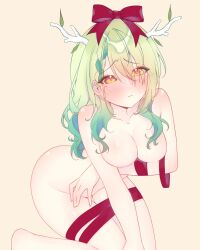 1girl absurdres antlers blush braid braided_bangs branch ceres_fauna closed_mouth covered_erect_nipples covering_privates embarrassed flower green_hair hair_between_eyes hair_branch hair_flower hair_ornament highres hololive hololive_english horns hoshiiii_art kneeling long_hair mole mole_under_eye nude ribbon simple_background solo tree_horns virtual_youtuber yellow_eyes