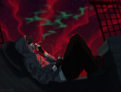 1boy aurora bandaged_arm bandages black_gloves black_hair black_nails blood blood_on_face cigarette colored_smoke crossed_ankles cry_of_fear fingerless_gloves from_side gloves grey_hoodie highres holding holding_cigarette holding_lighter hood hood_up hoodie knees_up leaning_back lighter lying male_focus night nuttypookie on_back on_ship partially_shaded_face red_sky short_hair simon_henriksson sky smoke smoking solo star_(sky) starry_sky